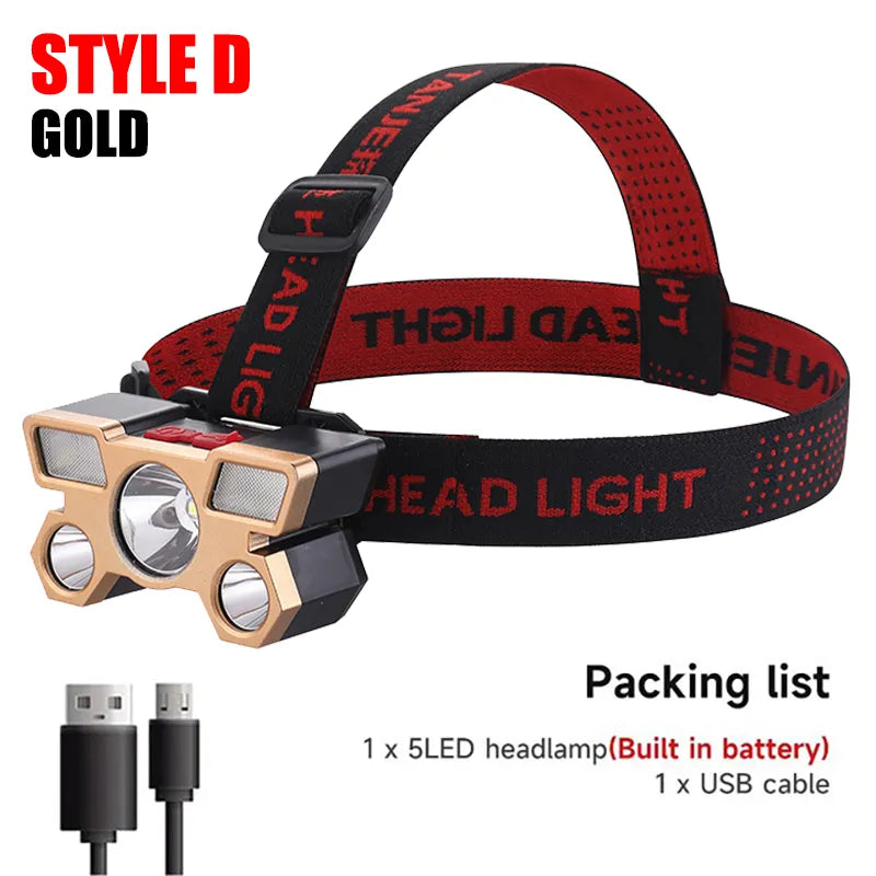 5 LED Headlamp Rechargeable with Built in 18650 Battery Strong Light Headlight Camping Adventure Fishing Head Light Flashlight-WAYBIKER