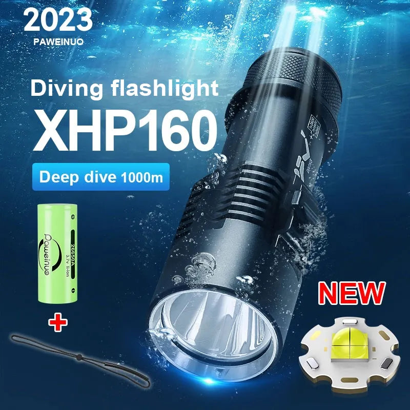 Professional Diving Flashlight Rechargeable XHP160 Diving Torch 1000m Underwater Lantern IPX8 Waterproof Flashlights-WAYBIKER
