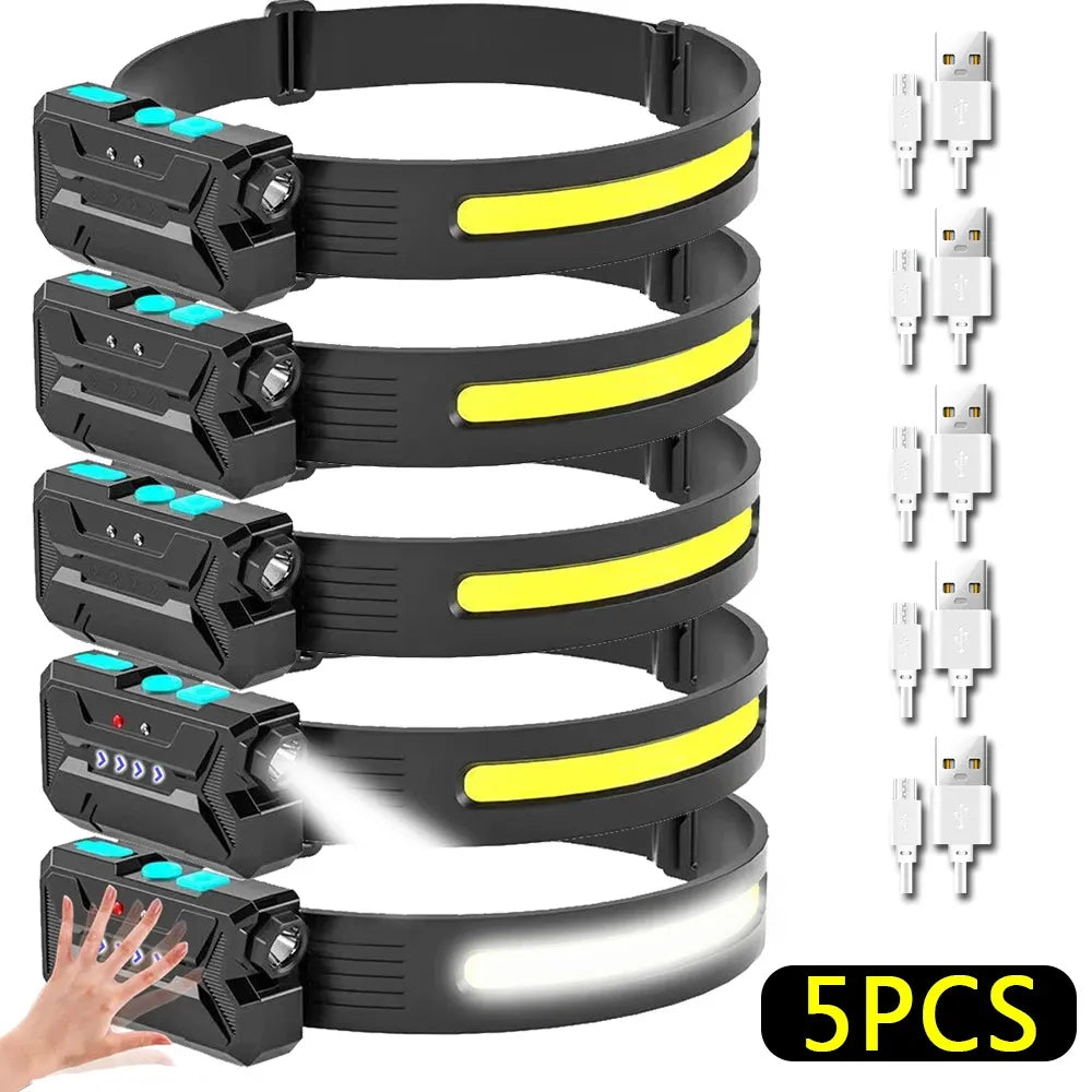 1/3/5PCS New Headlamp Built-in 18650 Battery Sensor COB LED Flashlight Rechargeable Torch Power Display Head Light Fishing Lamp-WAYBIKER