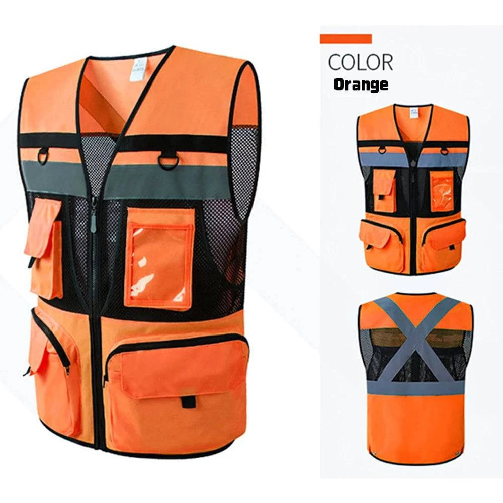 Safety Vest with Pockets High Visibility Reflective Strap Zip Front Breathable Construction Traffic Vest for Men Women-WAYBIKER