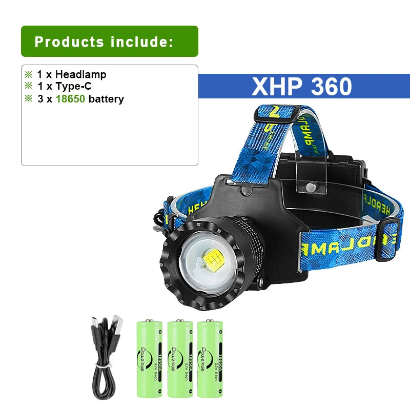 Super 4core Watt LED Powerful Headlamp Rechargeable Head Lamp 3 mode Waterproof Head Flashlight Lantern 2000M Zoomable Headlight-WAYBIKER