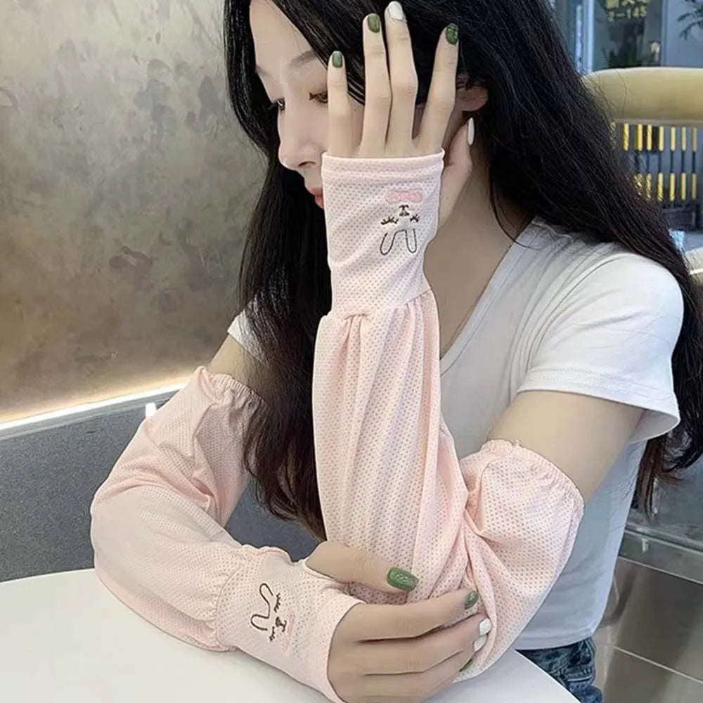 Ice Silk Sun Protection Arm Covers Women Cute Rabbit Elbow Cover Outdoor Cycling Running Driving Cool Anti-UV Arm Sleeves