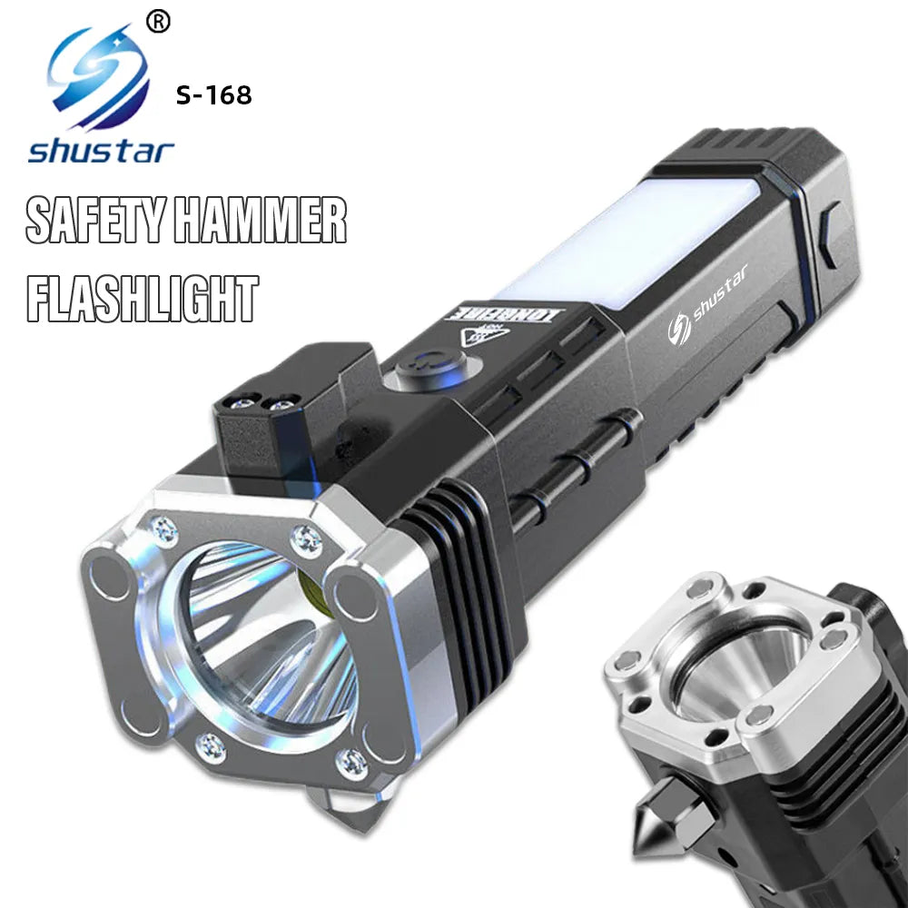 Super Bright LED Flashlight with Safety Hammer and Strong Magnets Side Light Torch Light Portable Lantern for Adventure Camping
