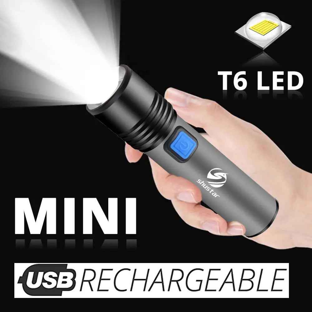 USB Rechargeable LED Flashlight With T6 LED Built in 1200mAh Lithium Battery Waterproof Camping Light Zoomable Torch