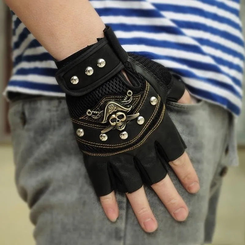 PU Leather Skull Punk Black Driving Motorcycle Biker Fingerless Gloves Mens Womens Gloves Gift-WAYBIKER