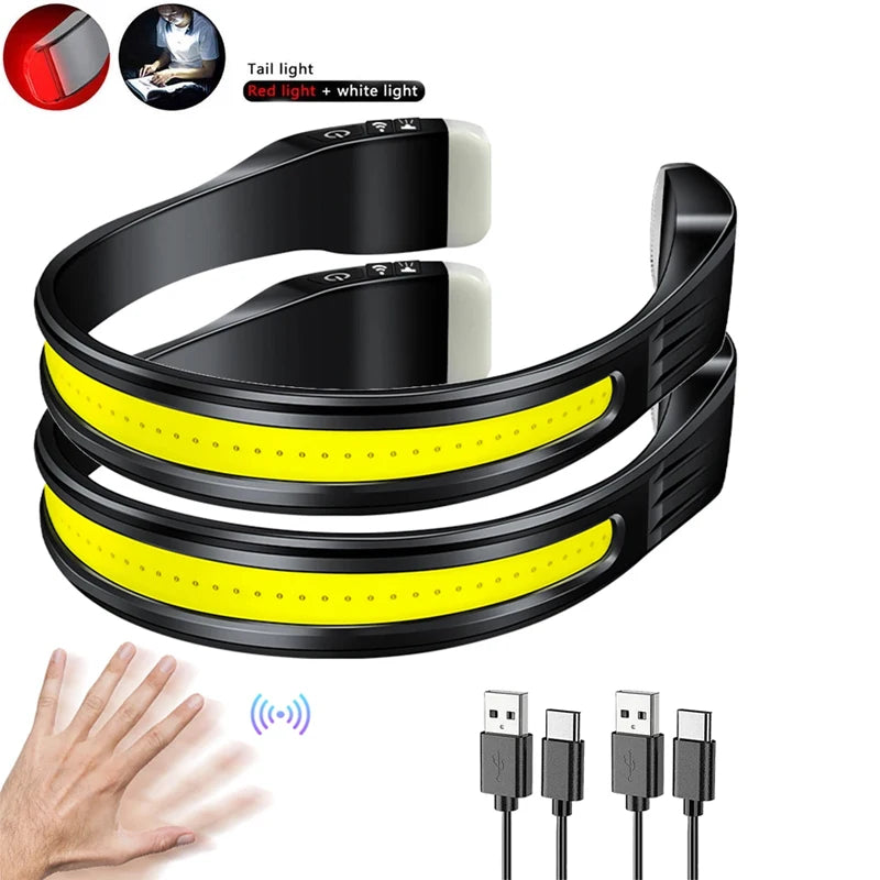Running Headlamp USB C Rechargeable Built-in Battery Strong Light Fishing Reading Headlight with Tail Red and White Light-WAYBIKER