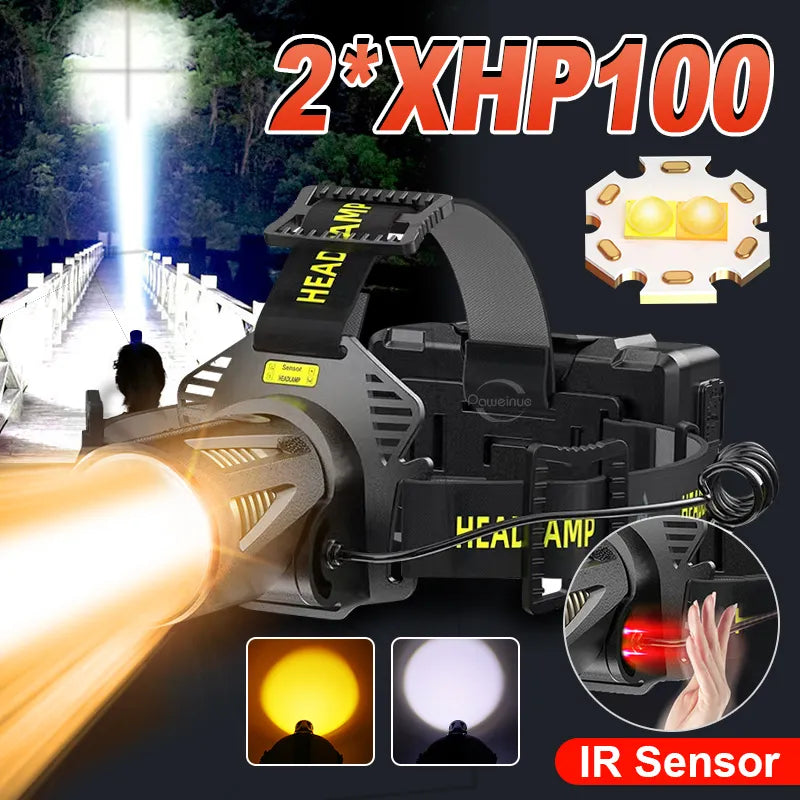 New Upgrade 2*XHP100 Powerful LED Headlamp Sensor Headlight Flashlight High Power Rechargeable Head Lamp Camping Fishing Lantern-WAYBIKER
