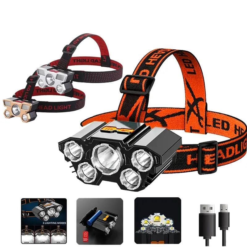 Super Bright 5 LED Strong Headlight Built-in 18650 Battery USB Rechargeable Head-Mounted Flashlight For Outdoor Camping Fishing-WAYBIKER