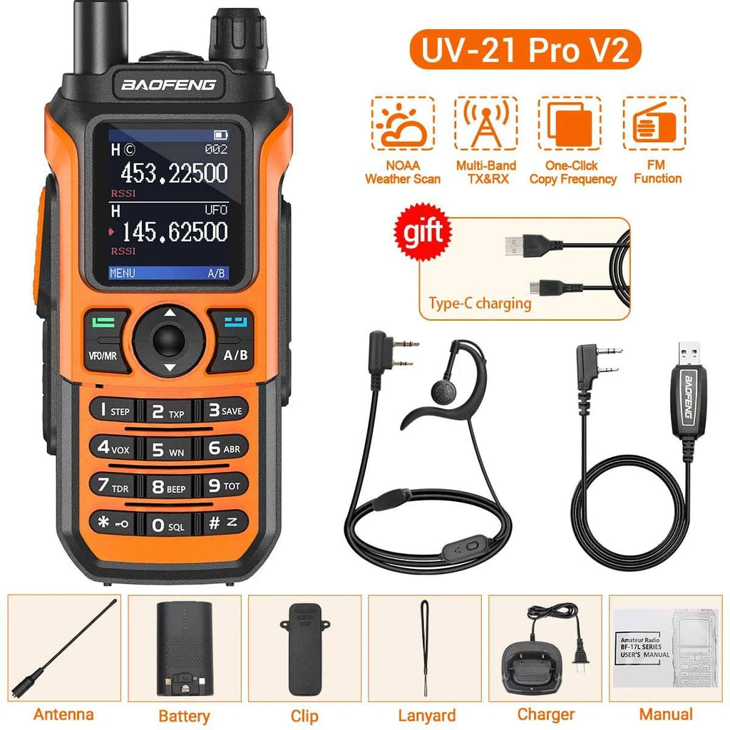 Baofeng UV-21 Pro V2 Walkie Talkie Wireless Copy Frequency Type-C Charger Long Range Waterproof Flashlight UV-5R Ham Radio-WAYBIKER