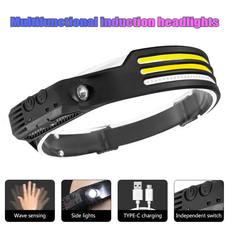 Multifunctional induction headlights 3 COB White red yellow light USB Rechargeable Head Torch 10 Lighting Modes Head Light-WAYBIKER