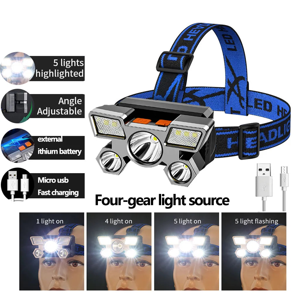 Outdoor High brightness 5LED Headset flashlight Outdoor household portable USB rechargeable Fishing miner lamp Strong headlight-WAYBIKER