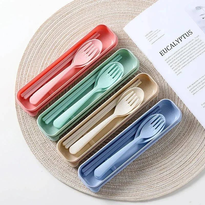 Cutlery Wheat Straw Spoon Fork Chopsticks With Box Students Tableware Travel Portable Dinnerware Kitchen Accessories-WAYBIKER