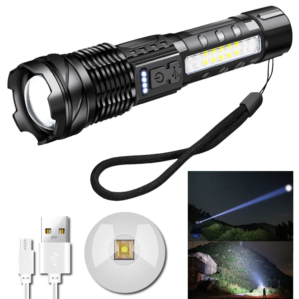 XHP50 and COB Strong Light Flashlight Portable USB C Rechargeable Bright Household LED Lamp Built-in Battery with Power Display-WAYBIKER