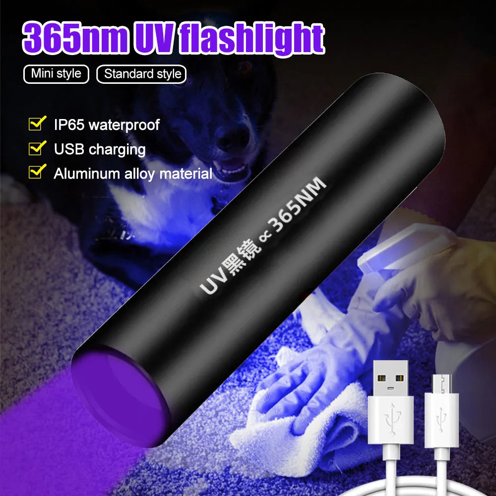 USB Rechargeable 365nm UV Flashlight Ultraviolet Lamp Torch Black Light Pet Moss Detector For Cat Dog Stains Bed Bug Moldy Foo-WAYBIKER