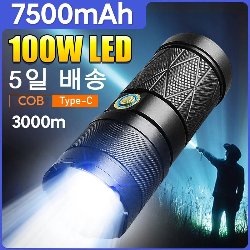 100W Powerful Flashlight With COB Light High Power Led Flashlights 7500mAh Powerful Torch Zoom 3000m Tactical Lantern Hand Lamp