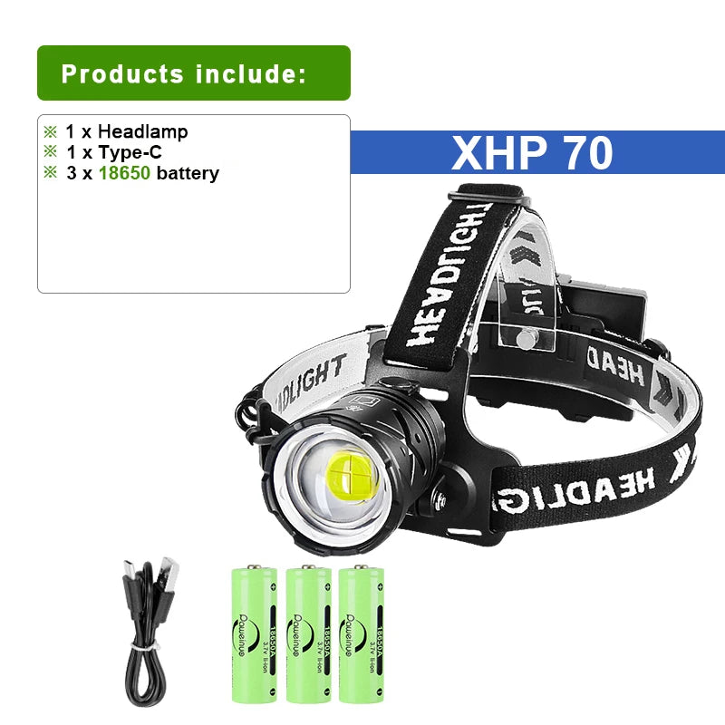 2023 The Most Powerful XHP70 LED Headlamp White Light Camping Headlight Zoomable 3*18650 USB Rechargeable Portable Head Lantern-WAYBIKER