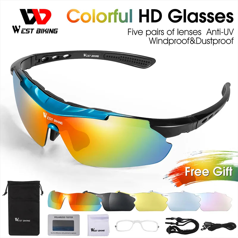 WEST BIKING Polarized Cycling Glasses UV400 Windproof MTB Road Bike Goggles 5 Lenses Set Men Women Sports Eyewear Sunglasses-WAYBIKER