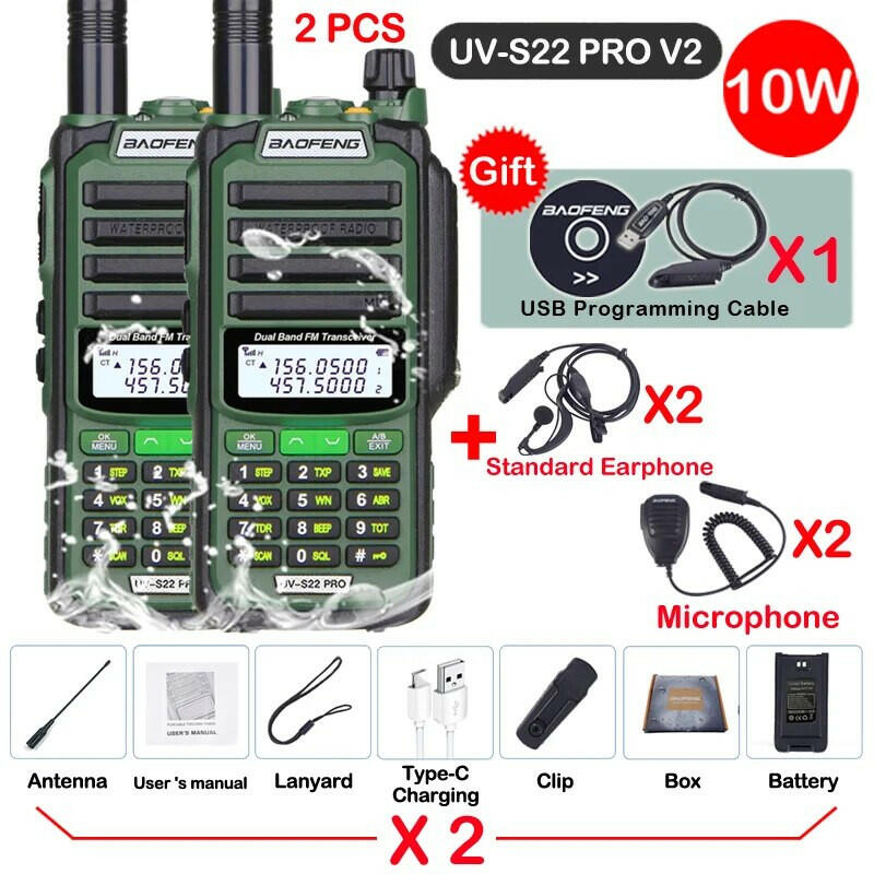 2pcs Baofeng Professional Walkie Talkie 10W Powerful UV S22 PRO IP68 Waterproof VHF UHF Dual Band Two Way CB Ham Radio For Hunt