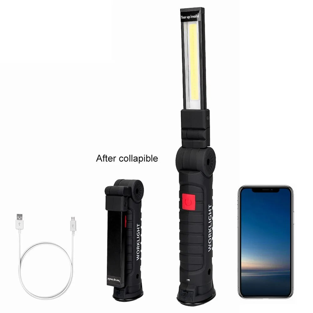 2 Pcs Magnetic LED Flashlight USB Rechargeable 1 Big 1 Samll Work Inspection Light 5 Mode COB Lantern Hanging Hook Torch