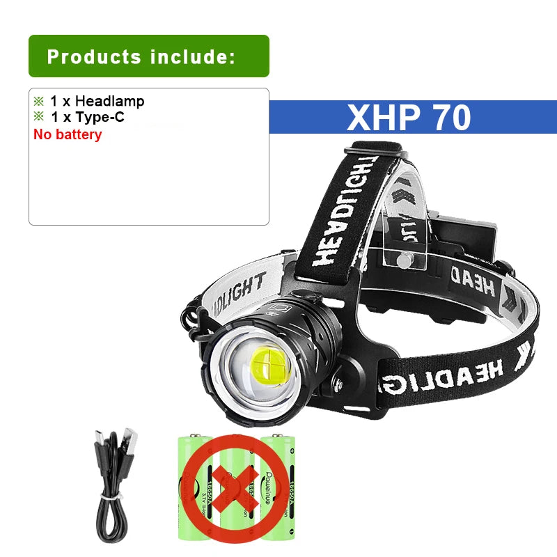 2023 The Most Powerful XHP70 LED Headlamp White Light Camping Headlight Zoomable 3*18650 USB Rechargeable Portable Head Lantern