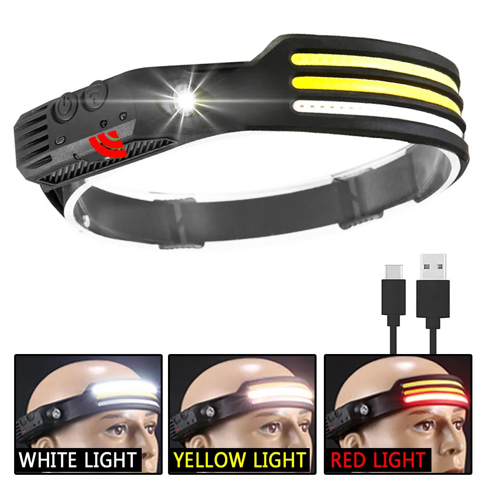 Multi-function Sensor Headlamp COB Head Lamp Flashlight Outdoor USB Rechargeable Waterproof Headlight 5 Lighting Modes Torch-WAYBIKER