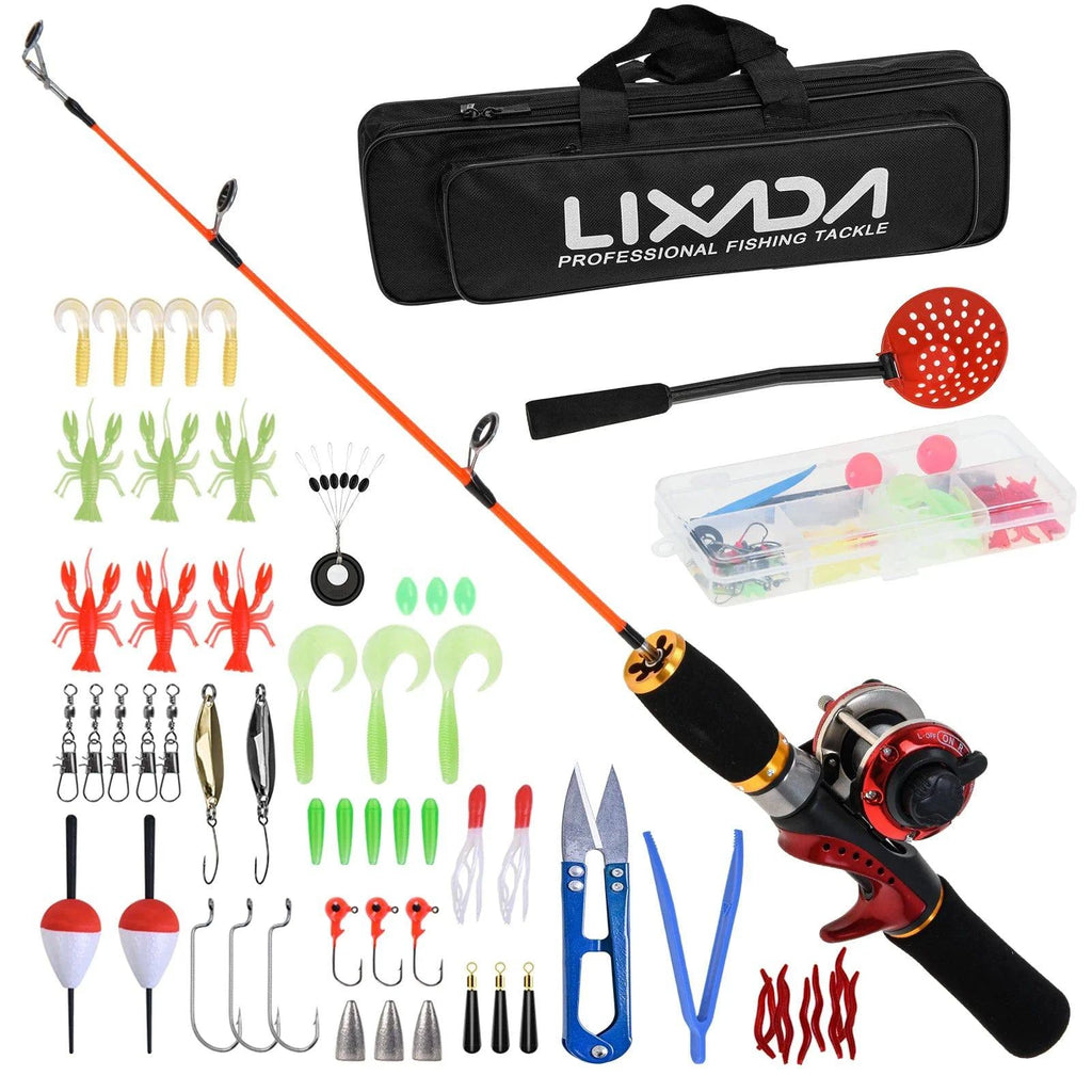 Ice Fishing Rod Reel Combo Complete Kit with Ice Skimmer and Carry Bag Lures Hooks Swivels Accessories Outdoor Fishing-WAYBIKER
