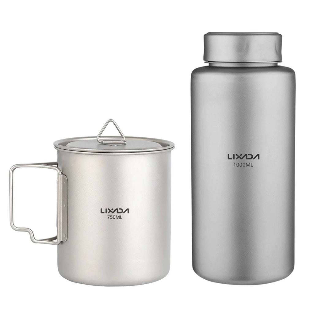 LIXADA 1L Ti Water Bottle & 750ml Water Cup Combo Leak-proof Sport Water Bottle with Screw Cap for Outdoor Camping Hiking-WAYBIKER