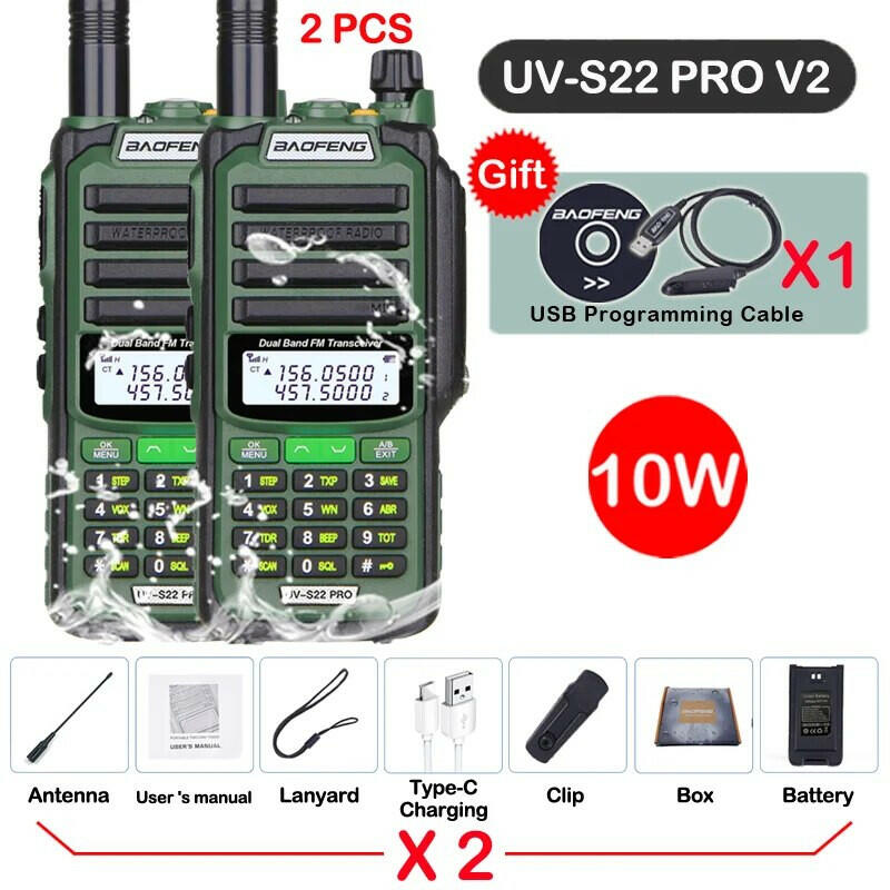 2pcs Baofeng Professional Walkie Talkie 10W Powerful UV S22 PRO IP68 Waterproof VHF UHF Dual Band Two Way CB Ham Radio For Hunt