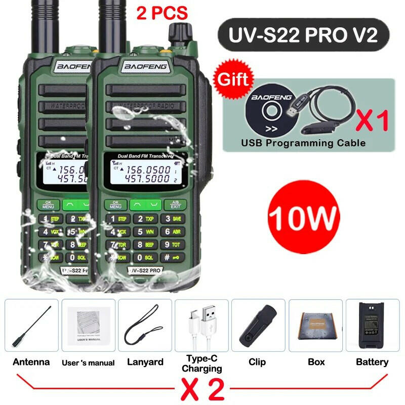2pcs Baofeng Professional Walkie Talkie 10W Powerful UV S22 PRO IP68 Waterproof VHF UHF Dual Band Two Way CB Ham Radio For Hunt-WAYBIKER