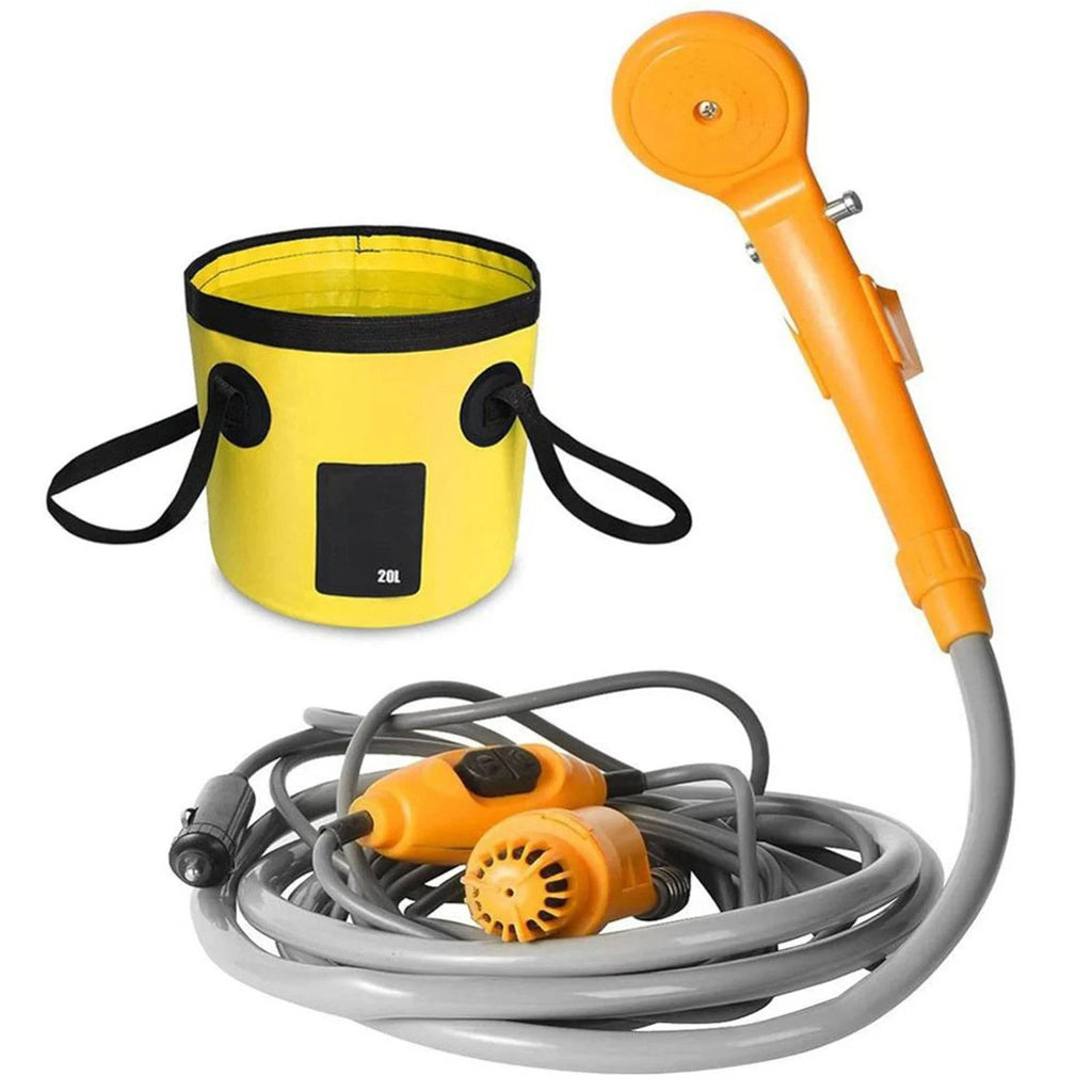 Portable Camping Shower Outdoor 12V Shower Pump with 20L Collapsible Bucket for Camping Hiking Backpacking Beach Bath Flowering-WAYBIKER