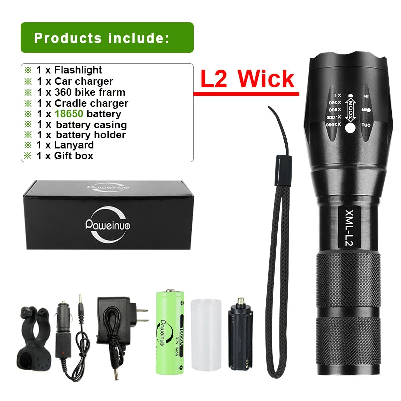 Super Bright XM-L2 LED Flashlight 18650 Rechargeable Torch Most Powerful Flash Light 2000 Lumen High Power Lantern Camping Lamp-WAYBIKER