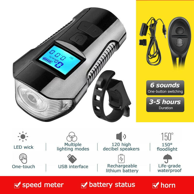 3 in 1 Waterproof Bicycle Light USB Charging Bike Front Light Handlebar Cycling Head Light / Horn Speed Meter LCD Screen