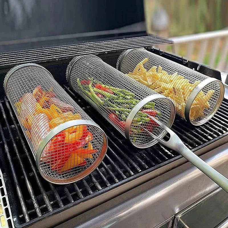 BBQ Basket Stainless Steel Rolling Grilling Basket Wire Mesh Cylinder Grill Basket Portable Round Outdoor Camping Barbecue Rack-WAYBIKER