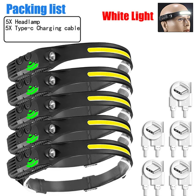 LED Sensor Headlamp 5 Lighting Modes Built-in Battery USB Rechargeable Headlight Led Head Torch Camping Fishing Searchlight Lamp-WAYBIKER