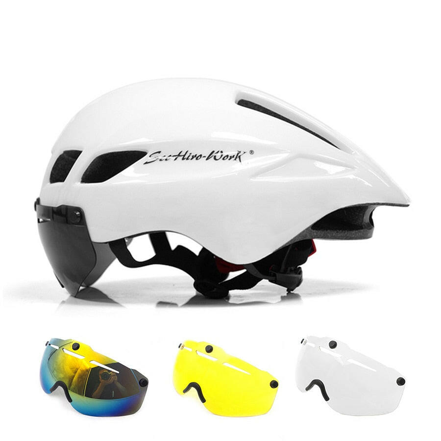 New Bicycle Helmet With Glasses 4 Lens Colors Ultralight MTB Road Bike Helmet 57-61cm Adults Goggleses Casco Ciclismo Black Blue-WAYBIKER