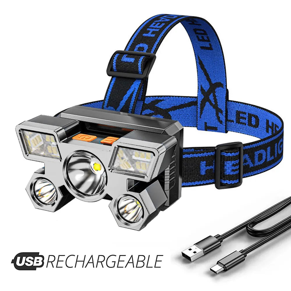 Five-Head LED USB Rechargeable Headlamp Super Bright Portable Head Flashlight Working Light Head-Mounted Fishing Camping Lantern-WAYBIKER