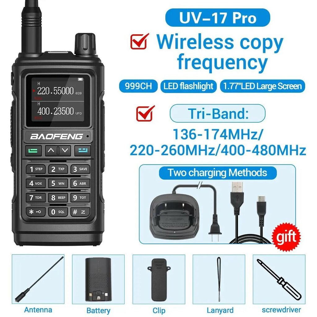 Baofeng UV 17 Pro Wireless Copy Frequency Walkie Talkie 16 KM Long Range Waterproof Flashlight Type-C Charger Ham Radio UV 5R-WAYBIKER