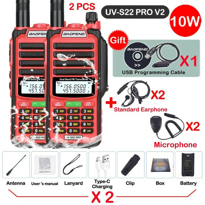 2pcs Baofeng Professional Walkie Talkie 10W Powerful UV S22 PRO IP68 Waterproof VHF UHF Dual Band Two Way CB Ham Radio For Hunt-WAYBIKER