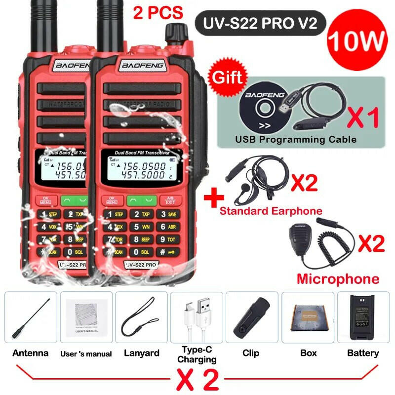 2pcs Baofeng Professional Walkie Talkie 10W Powerful UV S22 PRO IP68 Waterproof VHF UHF Dual Band Two Way CB Ham Radio For Hunt