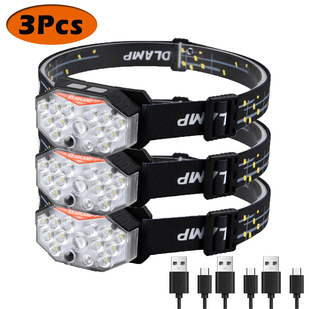Rechargeable Headlamp Wave Sensing LED Lamp Type-C Charger Flashlight 7 Modes Light Camping Fishing Multi-Functional Lantern-WAYBIKER