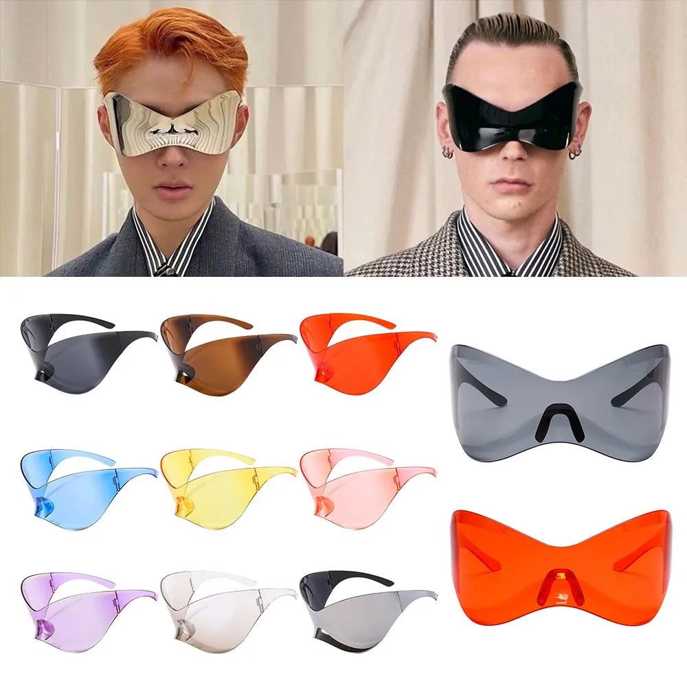 Futuristic Sunglasses for Men Women Oversized Wrap Around Punk Y2K Sunglasses Silver Outdoor Sport Sun Glasses Rimless Shades-WAYBIKER
