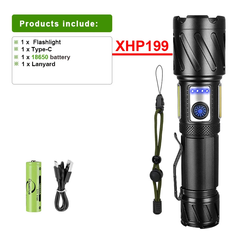 Newest XHP199 LED Powerful Flashlight USB Rechargeable Tactical Flash Light 18650 Hunting Torch Zoomable High Power LED Lantern-WAYBIKER
