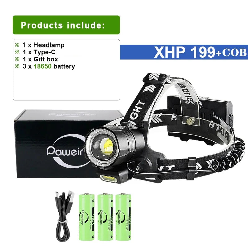 High Lumens XHP199 Powerful Led Headlamp XHP160 USB Rechargeable Headlight 18650 Head Flashlight Fishing Camping Head Lamp-WAYBIKER