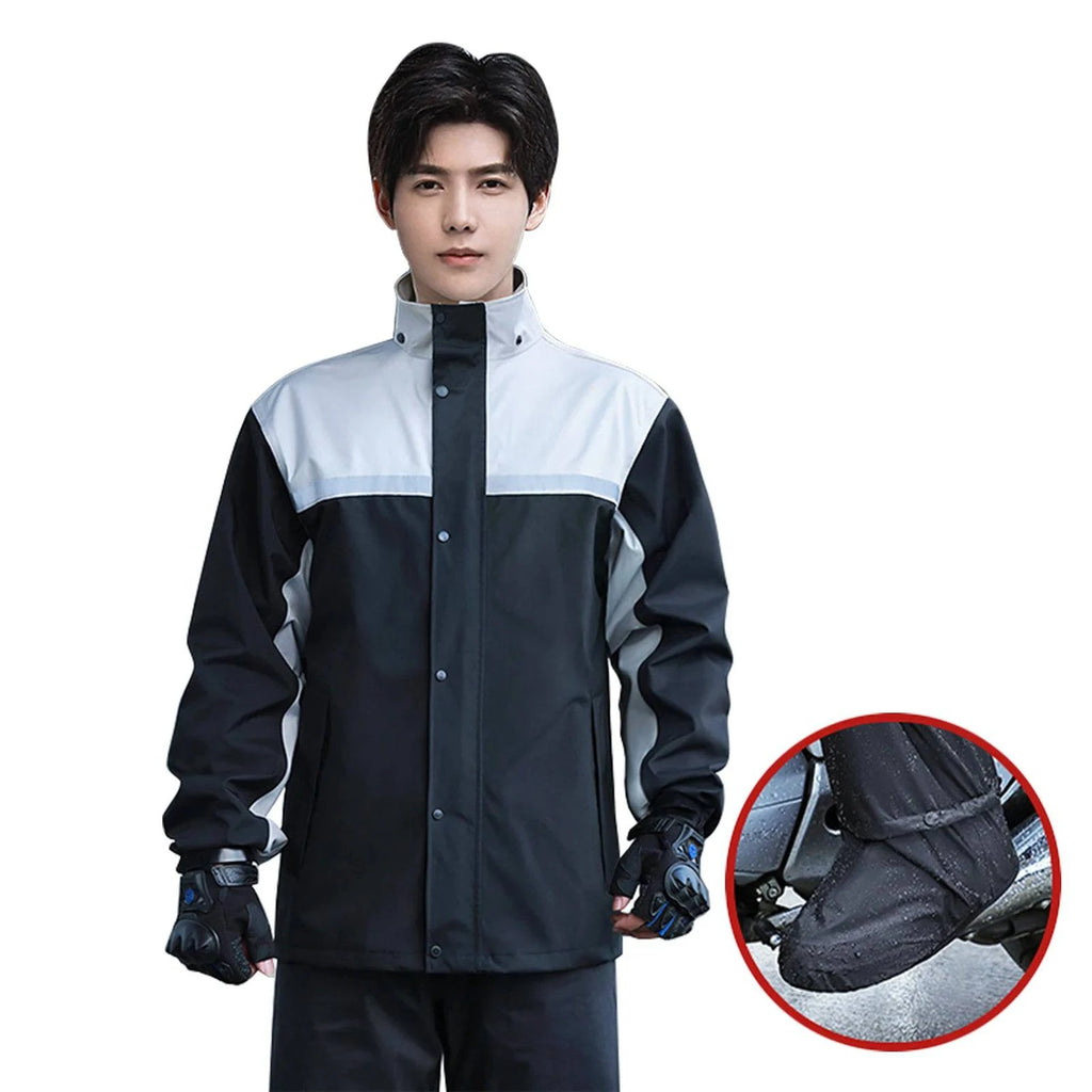 Men Motorcycle Rain Gear Outdoor Reflective Waterproof Rain Jacket Pants and Rain Shoe Cover Rain Suit for Cycling Hiking-WAYBIKER
