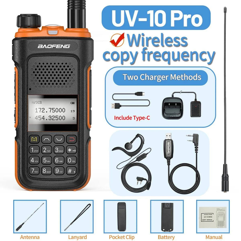 Baofeng UV-10 Pro Walkie Talkie Wireless Copy Frequency Dual Band 999CH Type-C Long Range High Power UV-5R Ham Two Way Radio-WAYBIKER