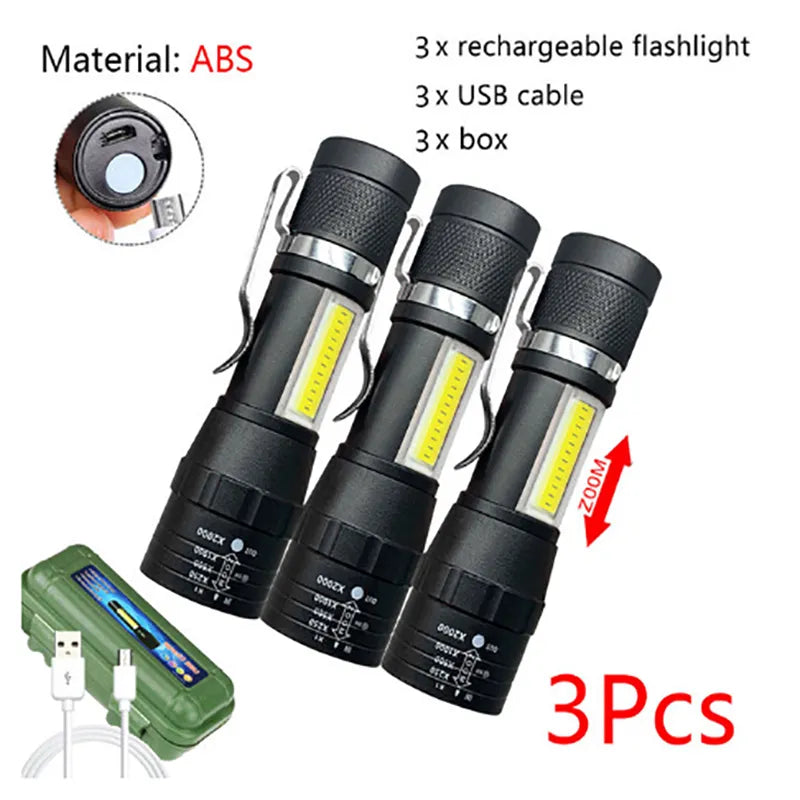 Portable Zoom LED Rechargeable Flashlight 3 Lighting Modes Long Range Camping Light Mini Torch Waterproof  Built In Battery-WAYBIKER