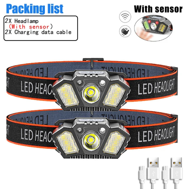 Super Bright LED Sensor Headlamp USB Rechargeable With Red Caution Light 5 Modes Outdoor Fishing Camping Hiking Head Flashlight-WAYBIKER
