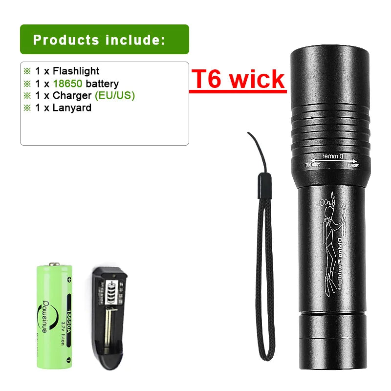 Diving 100M Underwater Lantern Led Rechargeable Portable Zoom Professional Underwater Lantern IP68 Waterproof Diving Flashlight-WAYBIKER