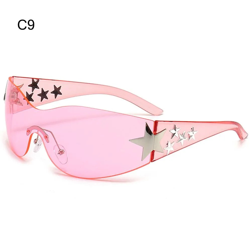 Star Wrap Around Sun Glasses Rimless Y2K Sunglasses for Women and Men Cool Black Sunglasses Shades for Beach-WAYBIKER