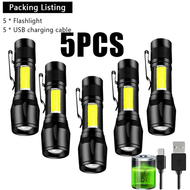 Mini Rechargeable LED Flashlight COB+XPE Portable Torch Camping Lantern Zoomable Focus Light Tactical Flashlight with Pen Clip-WAYBIKER